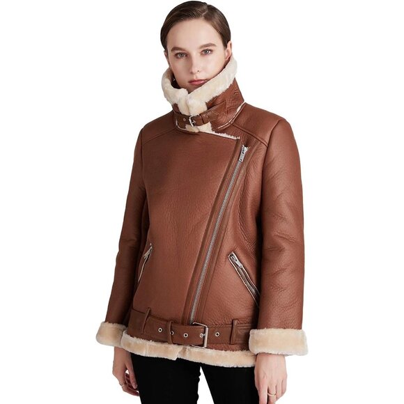 Women Brown Faux Shearling Moto Jacket Thick Lined Winter Leather Coat - Picture 5 of 6